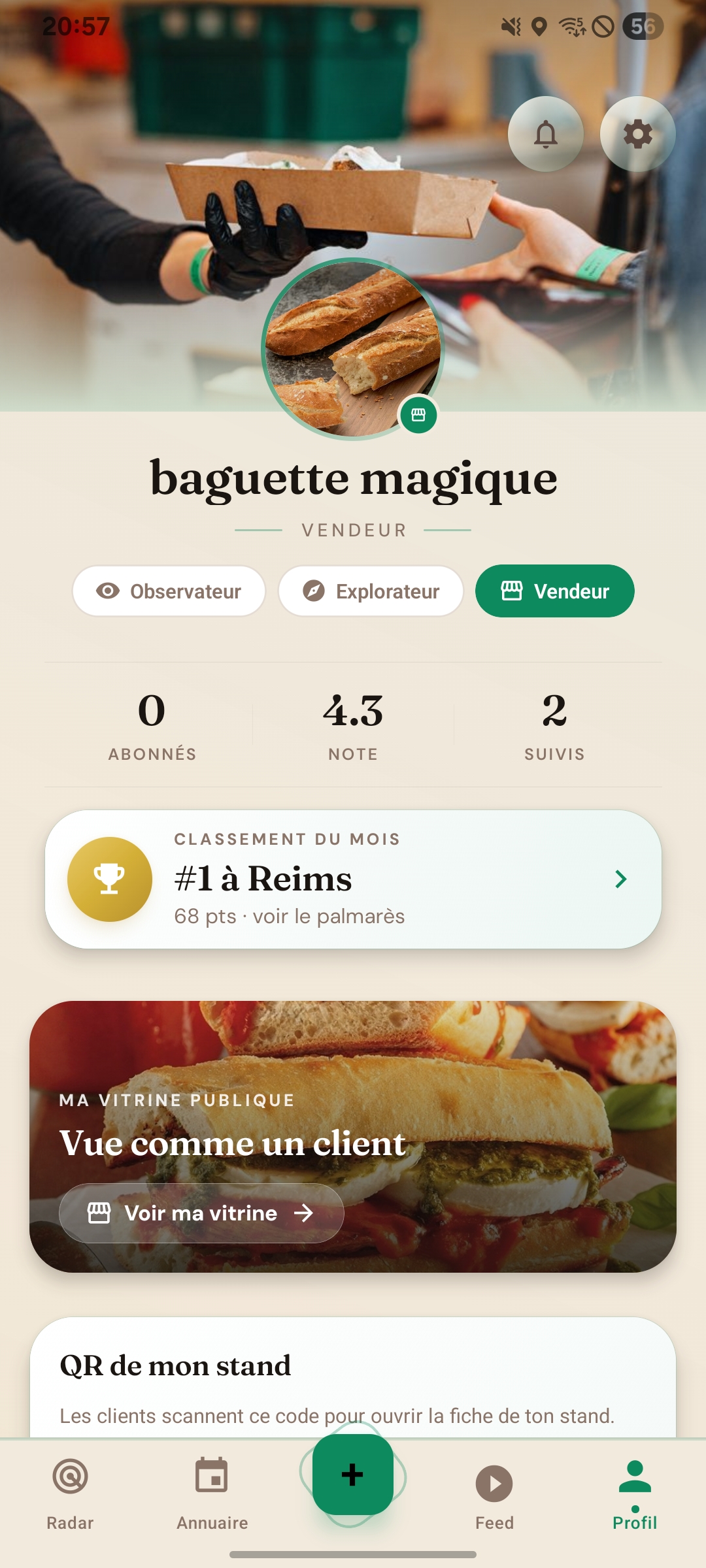 Profil FoodRadar — classement, badges, XP